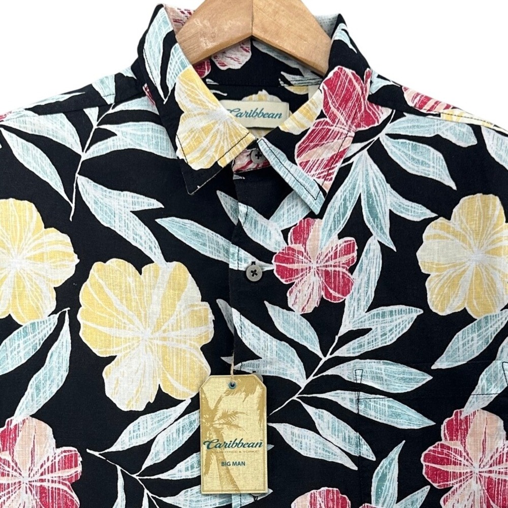 Caribbean Roundtree & Yorke Mens 2XB Black Floral Linen Blend Shirt NWT Vacation